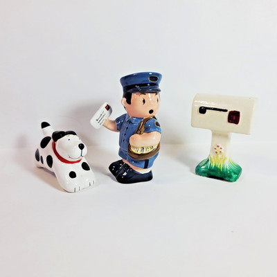 3 Vintage Mail Salt Shakers Ceramic U. S.  Mailbox, Mailman and Dog
