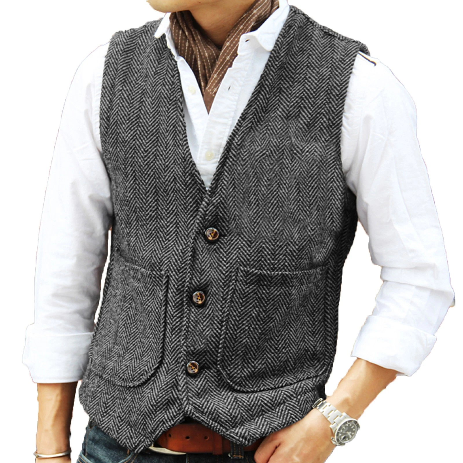 Mens Grey Hunting Tweed Vests Herringbone Waistcoats Vintage Retro Wool Wedding