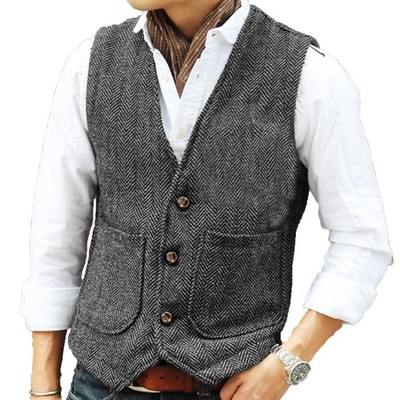 Mens Grey Hunting Tweed Vests Herringbone Waistcoats Vintage Retro Wool Wedding