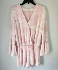 Amanda Uprichard Short Sleeve V-neck Romper Pink White Tropical Leaf Size Small