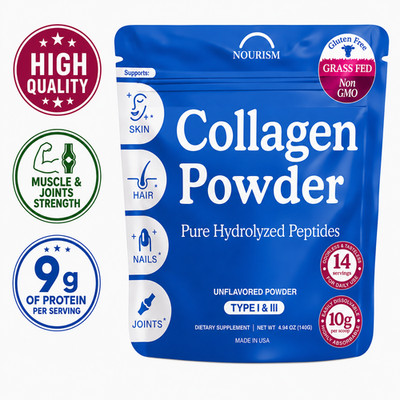 Collagen Peptides Powder Pure Hydrolyzed Type I, III Grass Fed Unflavored 4.94oz