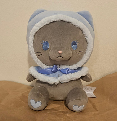 Blue Hooded Cape Kitty Plush 11.8  Stuffed Animal Black Cat Bow Heart Fur Round1