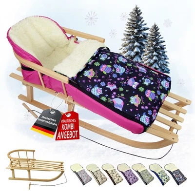 BAMBINIWELT BY RAFAEL K. Holzschlitten mit Rückenlehne & Zugseil + Winterfußsack Wolle 108cm Kombi-Set §7