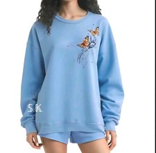 NEW Vintage JERZEES Blue Relaxed Sweatshirt Butterflies Floral Grandmacore Large