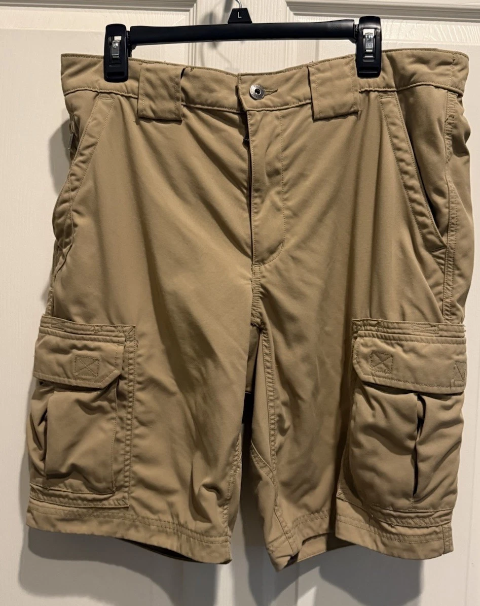 Duluth Trading Cargo Shorts Mens Large Khaki Nylon Canvas Elastic Waist