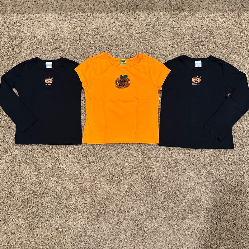 3! Kids Girls Fall Halloween Black Orange Sequin Pumpkin Tee Shirt T-shirt S M