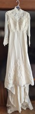 Gorgeous Vintage Satin & Lace Wedding Gown 75in Train Bridal Dress Hand Beaded