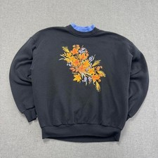 Vintage 90s Floral Sweatshirt Festive Autumn Fall Black