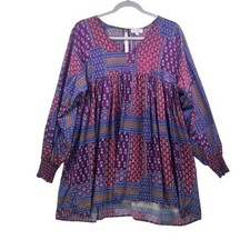 Velzera Boho Patchwork Print Peasant Tunic Dress Purple Blue Size S