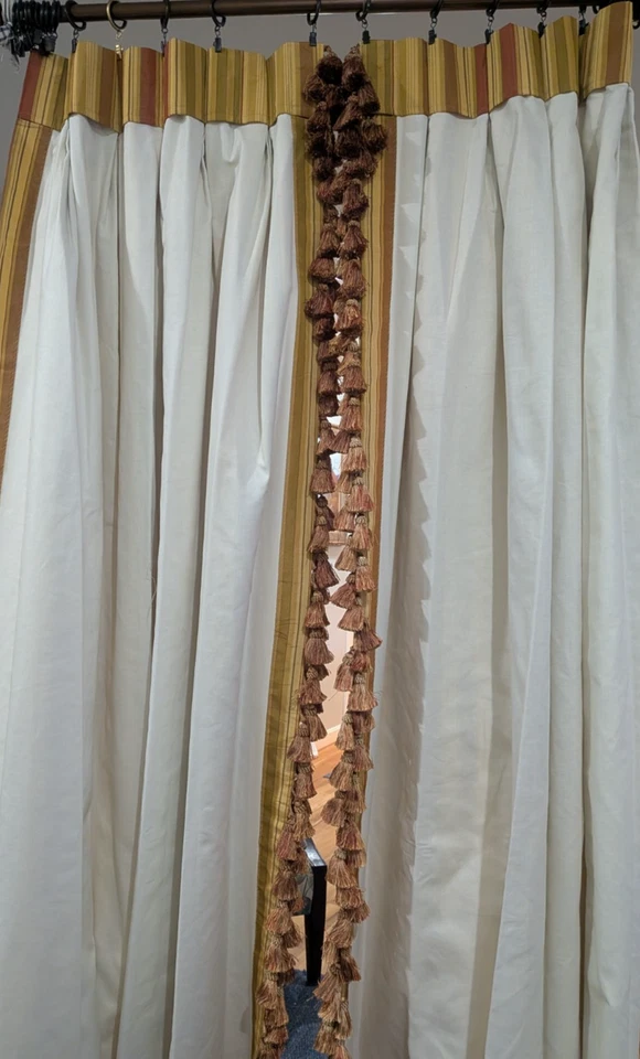 2 pair/4 panels Custom Gold Brown Green Burgundy Striped Tassel Trim drapes 88"L - Image 3 of 4