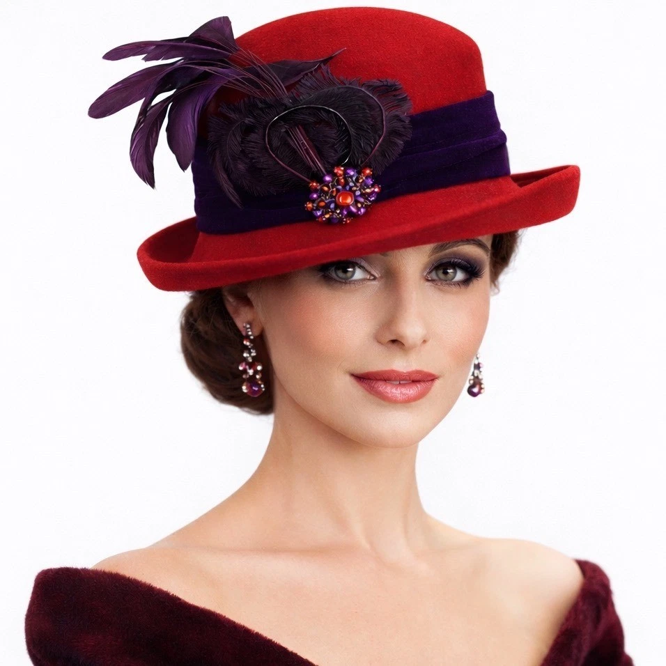 Riviera Vintage Wool Red & Purple‎ Velvet Brooch Derby Party Hat Wide Brim Velvet Derby Hat for Women – Boston Millinery main image 2