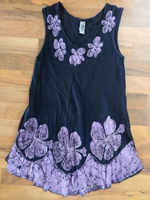 India Boutique Black Purple Batik Floral Free Size Rayon Boho Hippie Tunic