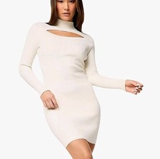 Ivory Mockneck Long Sleeve Cutout Sweater Bodycon Mini Dress Party Size L