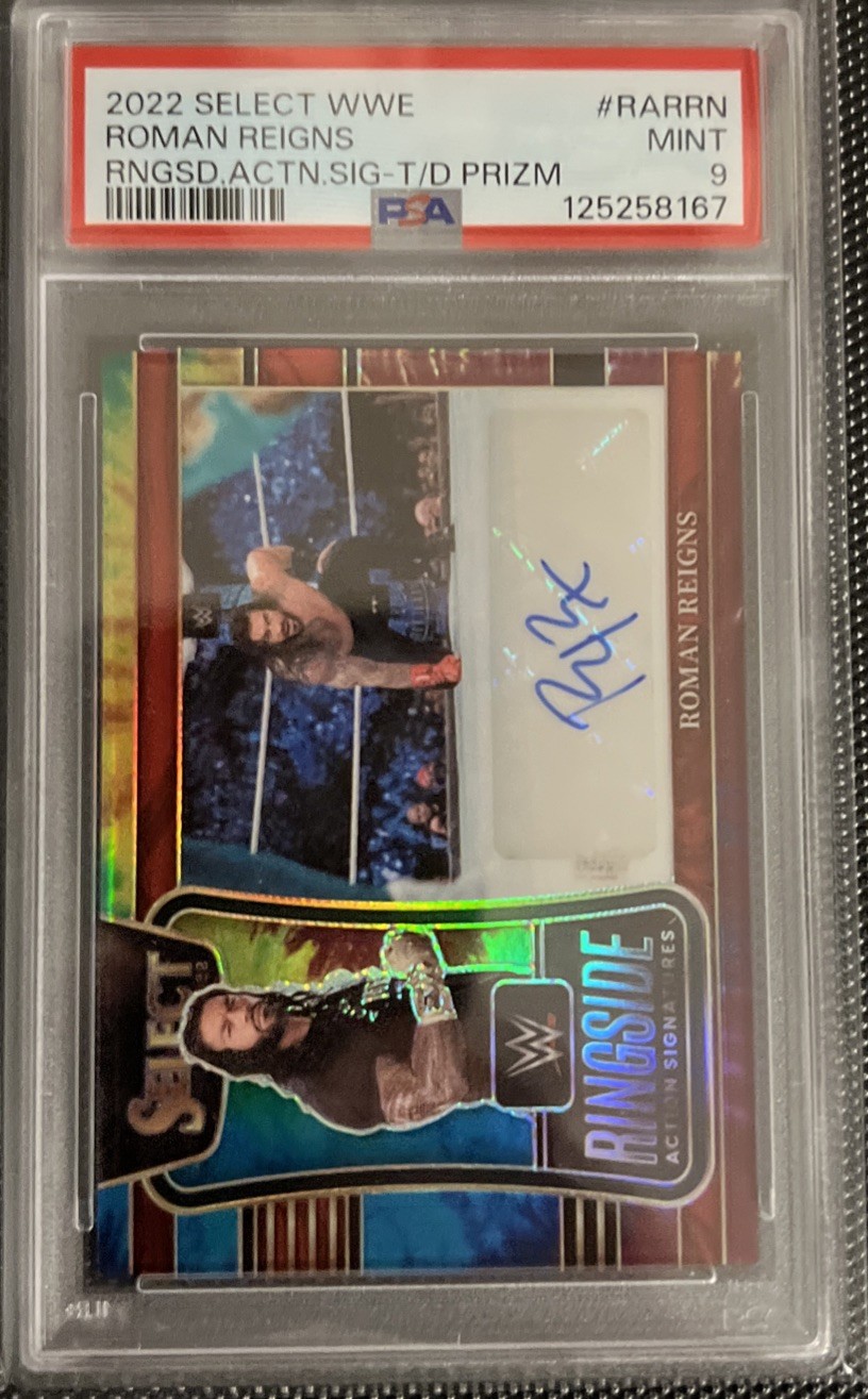 2023 Select WWE Roman Reigns Ringside Action Autographed Tie-Dye /25 PSA 9