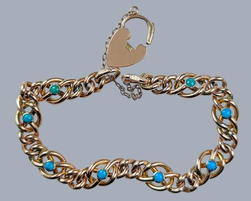 Antiguo brazalete victoriano de oro rosa de 9 quilates con cierre de candado de corazón turquesa - Imagen 2 de 7