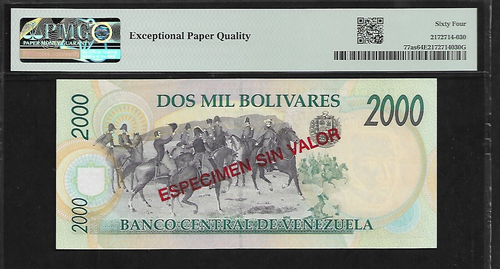 Venezuela Specimen 2000 Bolivares 1997 PMG 64 EPQ UNC P#77as - Picture 2 of 4