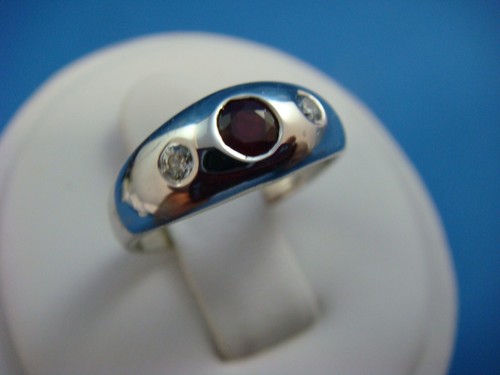 14K WHITE GOLD 3.4 GRAMS, RUBY & 2 DIAMONDS SMALL GYPSY RING, SOLID BACK - Picture 7 of 12