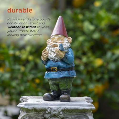Playful 12" Durable Garden Statue - Whimsical Gnome with Bird for Outdoor Magic - 第 7/11 張圖片