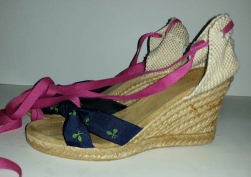 Jcrew pink navy blue embroidered tennis espadrille wedge ankle tie heels. 8 - Picture 3 of 6