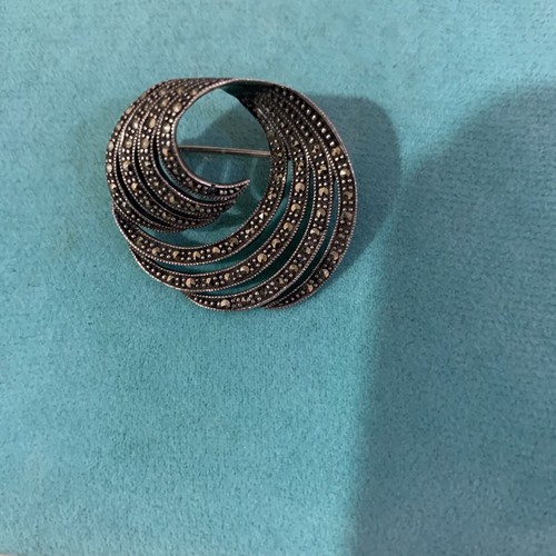 Vintage 925 Sterling Silver Marcasite Round Swirl Brooch Pin Brooch 6.9 Gr