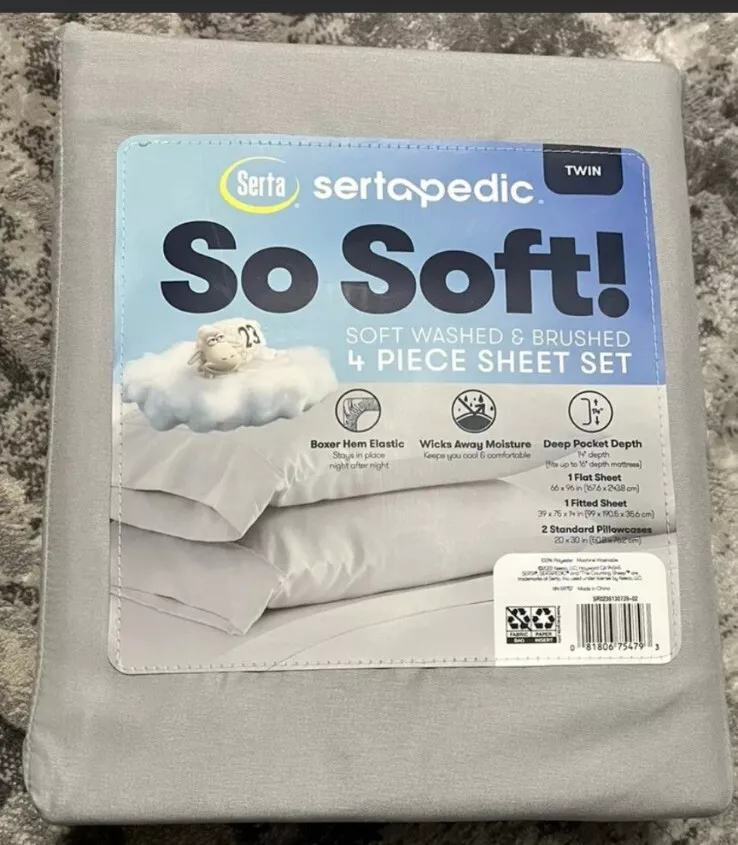 Serta So Soft Bed Sheet Set Twin Gray 4 Pcs. Sheet Set 100 Polyester NEW
