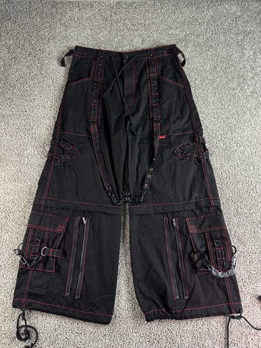 Tripp NYC X-Strap Pants Mens L Black Red Chains Wide Leg Zip Off Gothic Raver - Picture 3 of 17