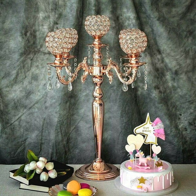 Rose Gold Crystal Beaded Globe Metal Candelabra Candle Holder 25" Tall