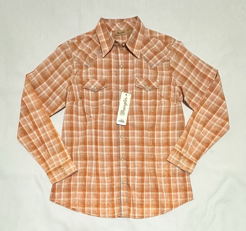 NWT Wrangler Pearl Snap Western Shirt Womens Medium Orange Plaid Cowgirl