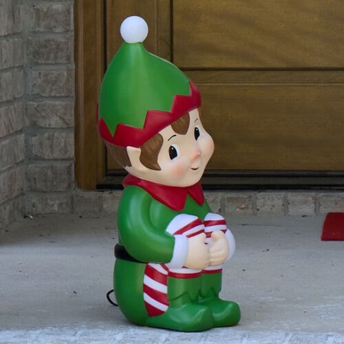 SALE! Cracker Barrel Sitting ELF LIGHTED BLOW MOLD 10.88" X 9" X 23.5" NEW - Picture 2 of 4
