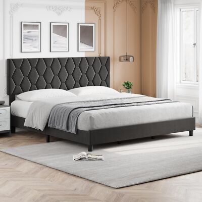 King Size Upholstered Bed Frame with Headboard and Strong Wooden Slat Support