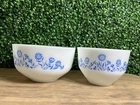 Vintage Pair Federal Glass Milk Glass Mixing Bowl Blue Flowers Butterflies USA