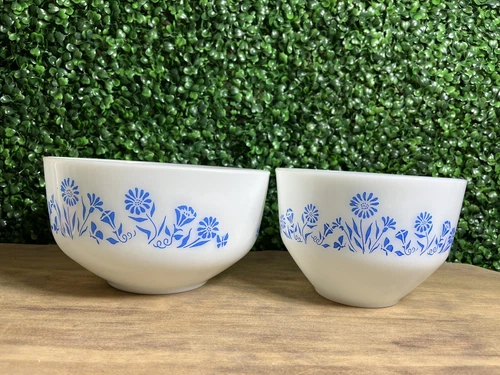 Vintage Pair Federal Glass Milk Glass Mixing Bowl Blue Flowers Butterflies USA