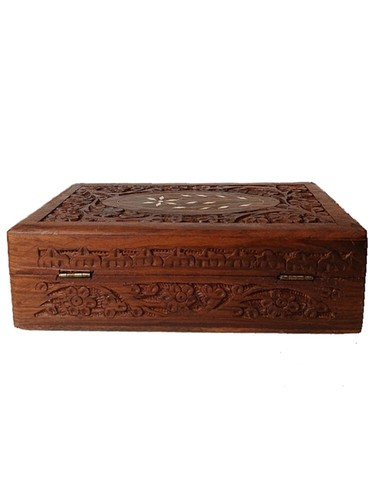 VINTAGE geschnitzte Holz Schmuck Schmuckschatulle Indien Intarsien aufklappbar gefüttert 8"x5" TOP - Bild 6 von 11