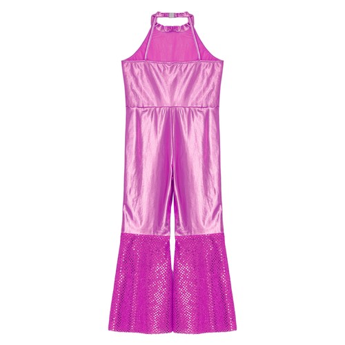 AU Kids Girls Shiny Long Jumpsuit Sleeveless Bell Flared Unitard Disco Dancewear - Picture 42 of 76