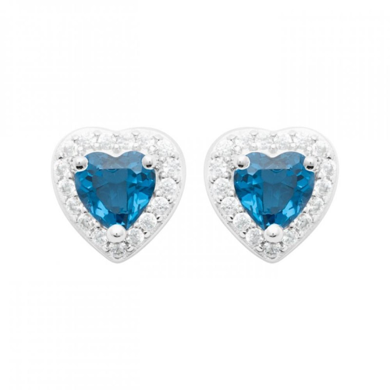 Boucles d'oreilles coeur cristal bleu et argent 925 rhodié avec oxydes de zirconium