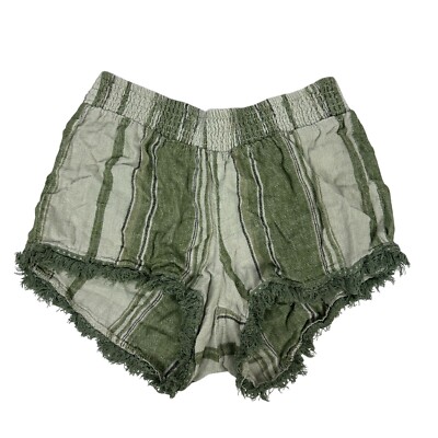 Vanilla Star Striped Linen Blend Fringe Trim Shorts Size S Green & White