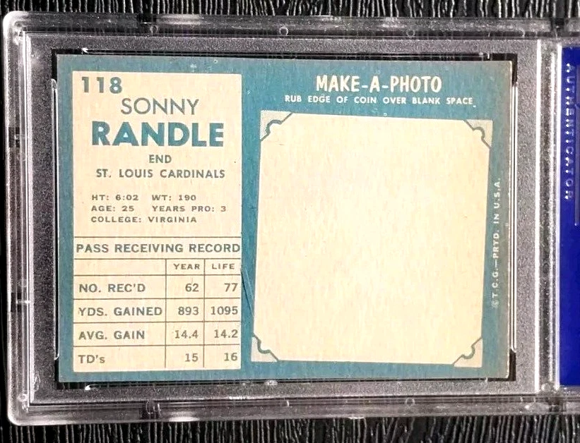 1961 TOPPS SONNY RANDLE ROOKIE CARD #118 ****CENTERED**** PSA 7 NEAR MINT NRMT - Image 4 of 4
