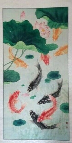 Origional lotus flower and koi fish watercolor Feng Shui wall art decor - Picture 2 of 4