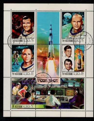 RAL AL KHAMA SHEET OF 5 SPACE APOLLO XII MOON MISSION PRESIDENT KENNEDY