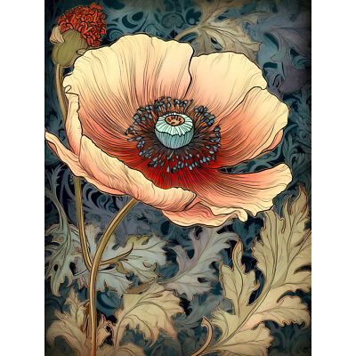 William Morris Stil Pfirsich Anemone Blume Blüte Wandbild Leinwanddruck 18x24
