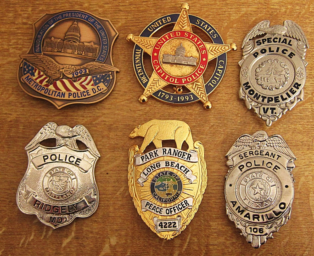 obsolete police badges, Convolut 6 x Abzeichen + 1 Harley Davidson patch