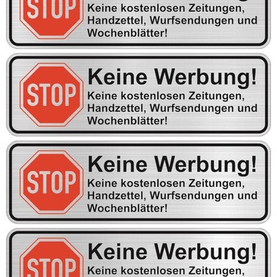 8x Aufkleber für Briefkasten STOPP KEINE WERBUNG in Alu gebürstet Silber R049