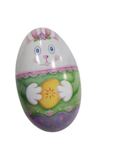Vintage Russ Bunny Rabbit Metal Easter Egg Tin Fillable Candy Basket 5.5" Empty