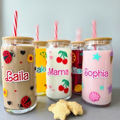 Personalisierte Glas Getränkedose mit Deckel & Strohhalm, Eiskaffee, Milchshake, Smoothie