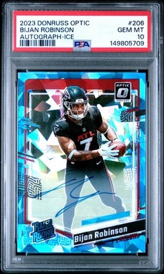 2023 Donruss Optic Football Bijan Robinson Rookie RC Blue Ice Auto /15 PSA 10