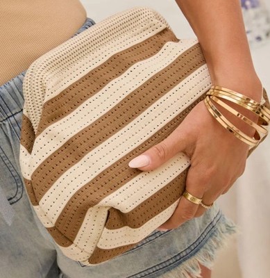 NEW VICI LUMIE STRIPED PERFORATED POUCH CLUTCH - BROWN