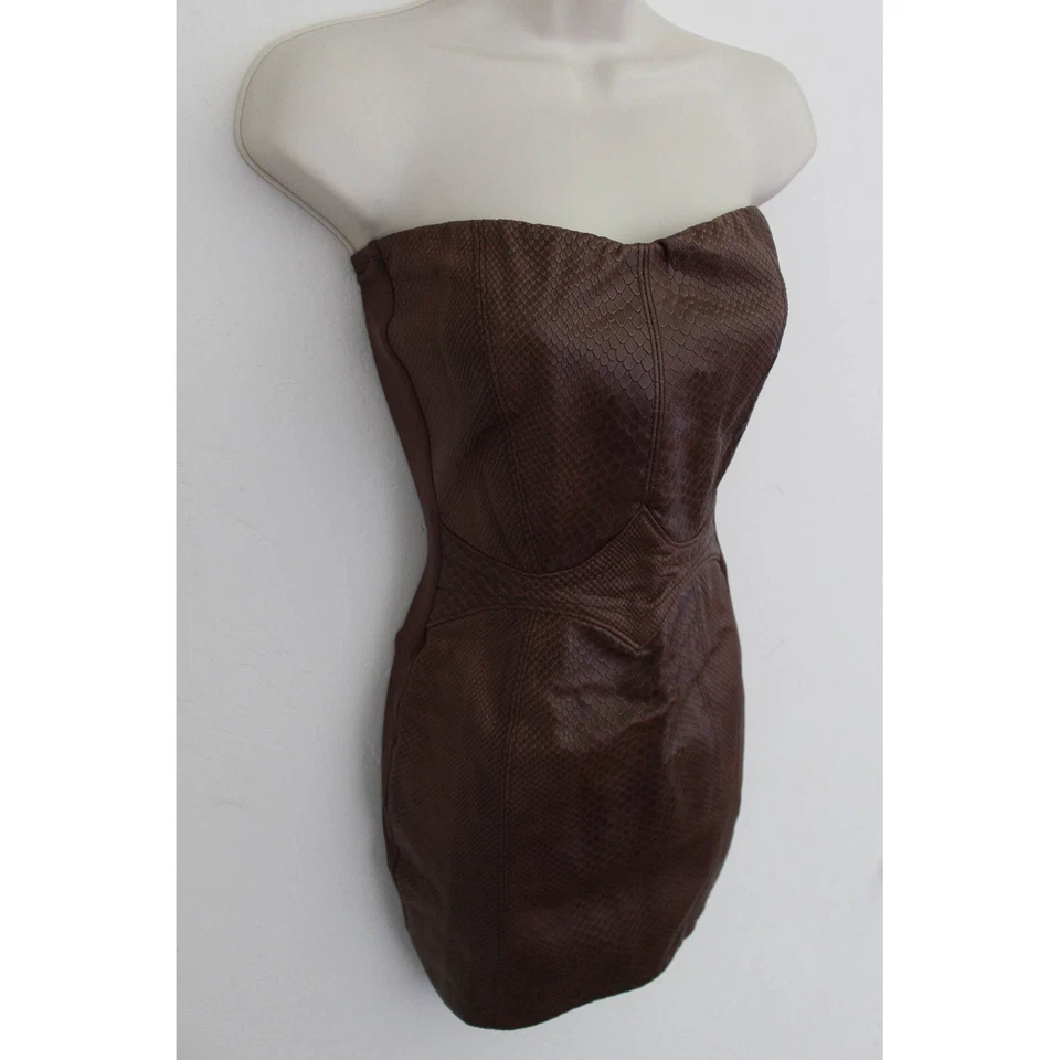 Vestido Sky Pequeño Cuero Marrón Sin Tirantes Bodycon Mini Fiesta Piel de Serpiente Foto 4 de 4