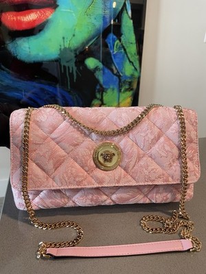 Versace Shoulder Bag Fabric Lamb Leather Baby Pink $1800 Retail