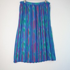 Vintage Koret Pleated Skirt Colorful Print Elastic Waist Midi Size 10 Semi Sheer