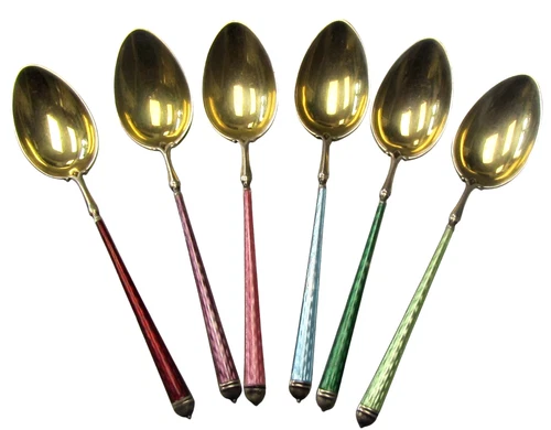 Spoons Sterling Silver Colored handles Accented In Gold Color 6 Piece Set